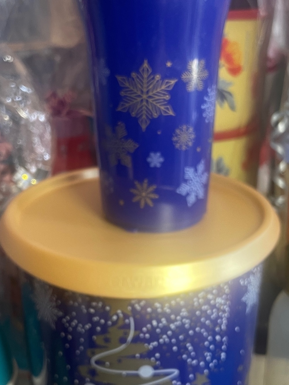 Tupperware Blue Canister & Cup Set with Gold Snowflake Accents